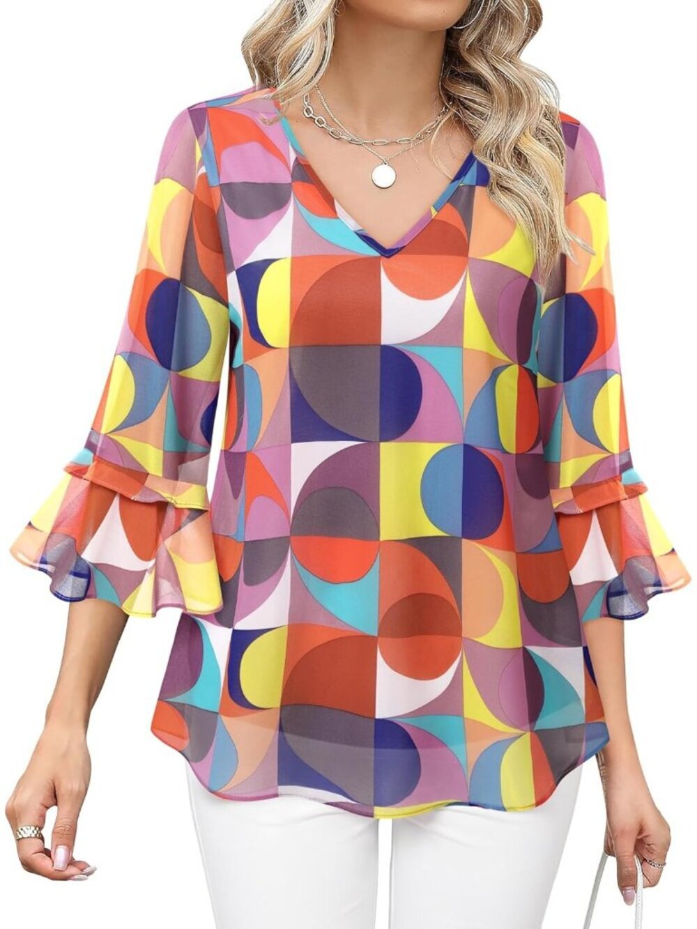 Women's Top Rainbow Geom Casual Ruffle 3/4 Sleeves V Neck Floral Chiffon Blouses